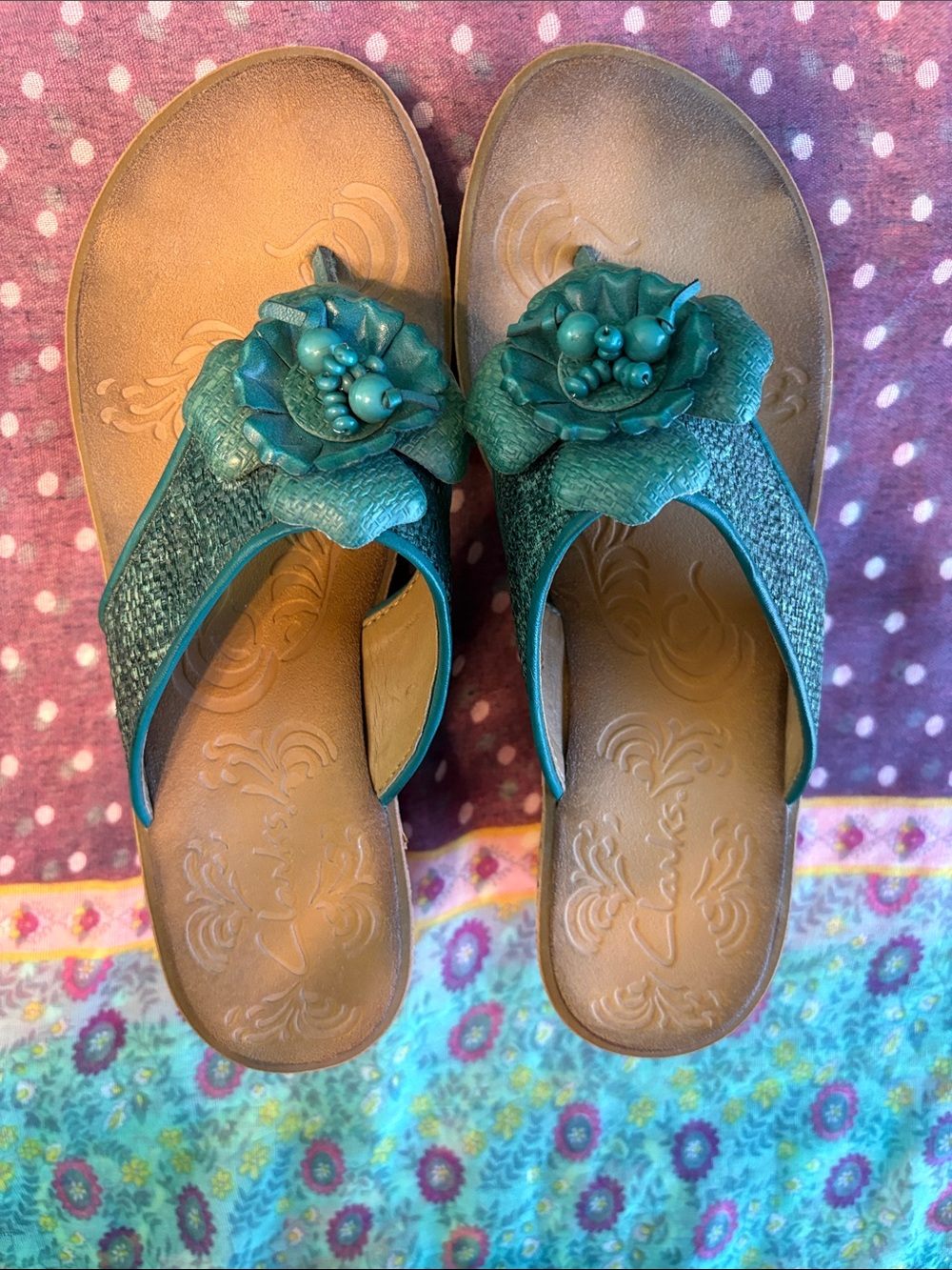 Clarks Teal Flower-Embellished Slide Sandals